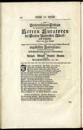 Dem hochpreißlichen Collegio der sämmtlichen Hochansehnlichen Herren Curatoren ...