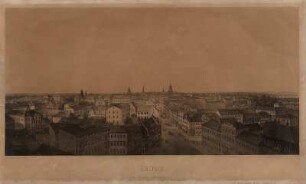 Ansicht der Stadt Leipzig vom Johannis-Kirchturm, zweifarb. Lithogr., um 1860 : Leipzig : vom Johannis-Kirchthurm aus / gez. u. lith. v. Gustav Frank. - Berlin : Korn , [ca. 1860]. - 1 Kunstblatt : zweifarb. Lithogr. ; 60 x 30 cm