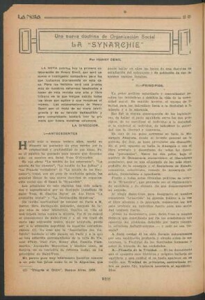 Una nueva doctrina de organización social : La "synarchie"