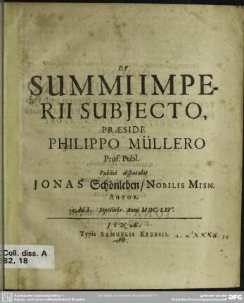 De Summi Imperii Subjecto : Ad d. [ ] Septembr. Anni MDC.LXV.
