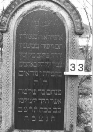 Grabstein 33 (Index: 99805068) Material: Sandstein mit schwarzer Marmorplatte Zustand: verwittert, Akroterion abgebrochen Maße HxBxT: 195x62x27 cm Beschreibung: Stele auf gestuftem Sockel mit Rundbogen und Mittelakroterion; Inschriftennische mit Rundbogen Symbolik: umlaufendes Fries, geschmücktes Akroterion: Grabstein 33 (Detailaufnahme 1)