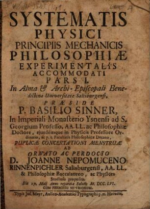 Systematis physici, principiis mechanicis philosophiae experimentalis accomodati, 1