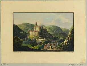 Schloss Weesenstein im Müglitztal (Müglitztal-Weesenstein) südöstlich von Dresden, Blick von der Anhöhe Abendfrieden nach Süden, aus Richters "70 Mahlerischen An- und Aussichten ..."