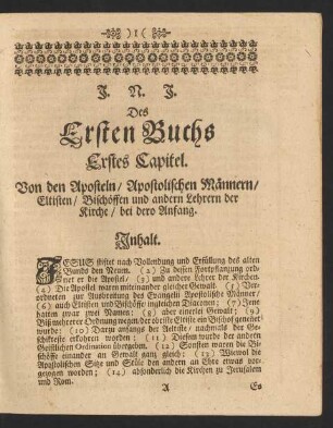 Erstes Capitel. Von den Aposteln/ Apostolischen Männern/ Eltisten/ Bischöffen und andern Lehrern der Kirche/ bei dero Anfang