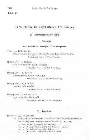 Verzeichnis der abgehaltenen Vorlesungen.
