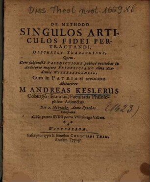 De Methodo Singulos Articulos Fidei Pertractandi, Discursus Theologicus