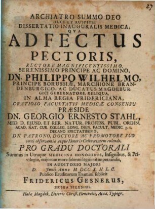 Dissertatio Inauguralis Medica, Qva Adfectus Pectoris
