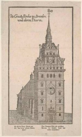 Die alte Kreuzkirche in Dresden mit Versen zum Brand 1760