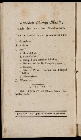 Knochen-Stampf-Mühle, nach der neuesten Construction. Erklaerung der Abbildungen.