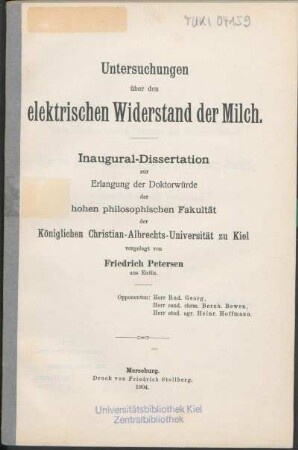 Untersuchungen über den elektrischen Widerstand der Milch