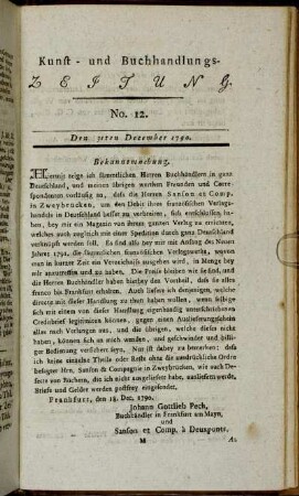 Kunst- und Buchhandlungs-Zeitung. No. 12. Den 31ten December 1790.