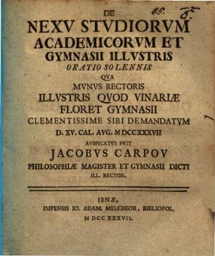 De nexu studiorum academicorum et gymnasii illustris oratio solemnis