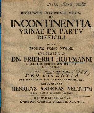 Dissertatio Inavgvralis Medica De Incontinentia Vrinae Ex Partv Difficili