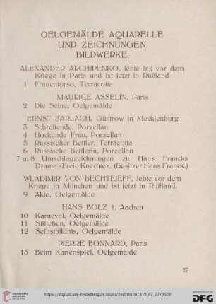 Oelgemälde, Aquarelle und Zeichnungen, Bildwerke (Nr. 1-142)