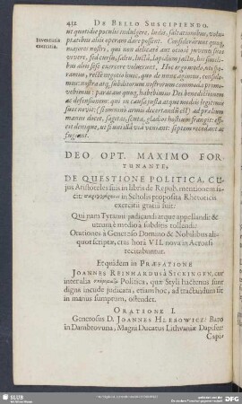 Deo Opt. Maximo Fortunante, De Questione Politica, ...