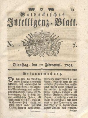No. 5, Dienstag, den 1ten Februarius, 1791