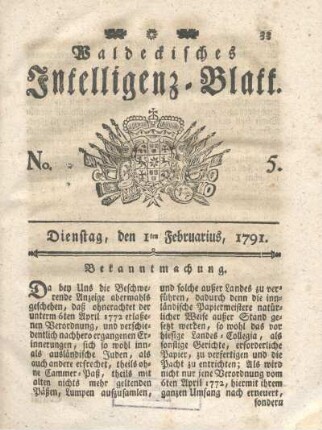 No. 5, Dienstag, den 1ten Februarius, 1791