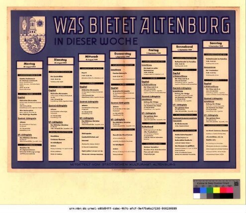 Originaltitel: Was bietet Altenburg in dieser Woche 29. August bis 4. September 1949 Mitgeteilt vom Städtischen Kulturamt Altenburg