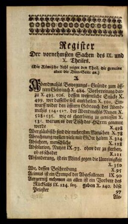 Register Der vornehmsten Sachen des IX. und X. Theiles