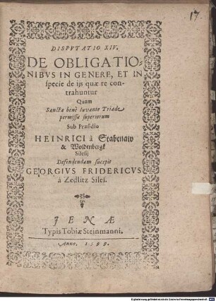 Disp. XIV. de obligationibus in genere et in specie de iis quae recontrahuntur