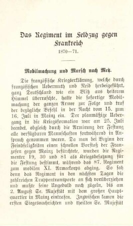 Das Regiment im Feldzug gegen Frankreich 1870 - 71.
