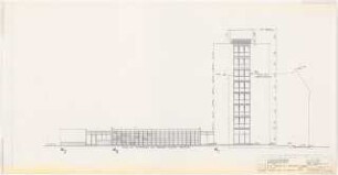 Studentenwohnheim Siegmunds Hof, Berlin-Tiergarten Abschnitt West. Grünanlage: Wohnheim: Südansicht und Schnitt 1:100 (Zeichnung des Architekten)