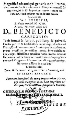 Magnifica ob antiqui generis nobilitatem, [...] Dn. Benedicto Carpzovio [...]