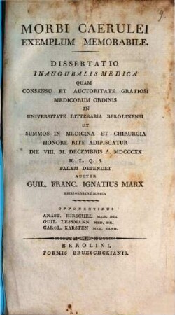 Morbi caerulei exemplum memorabile : dissertatio inauguralis medica