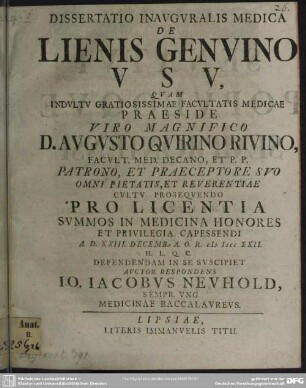 Dissertatio Inauguralis Medica De Lienis Genuino Usu