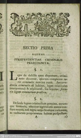 Sectio Prima, Sistens Iurisprudentiae Criminalis Praecognita