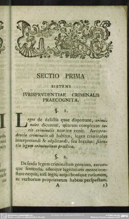 Sectio Prima, Sistens Iurisprudentiae Criminalis Praecognita