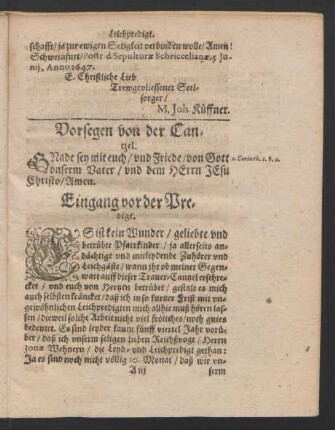 Vorsegen von der Canzel.