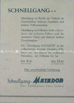 Werbeaufsteller / -schild für "Schnellgang-Matador Der Füllhalter fürs Leben"