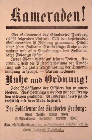 Aufruf des Soldatenrats Freiburg: "Jeder Mann bleibt auf seinem Posten"