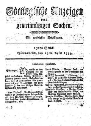 15tes Stück. Sonnabend, den 15ten April 1775.