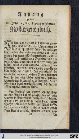 Anhang zu dem im Jahr 1767. herausgegebenen Roßarzeneybuch.