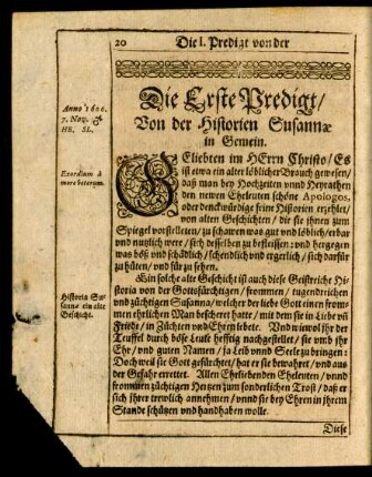 Die Erste Predigt/ Von der Historien Susannae in Gemein