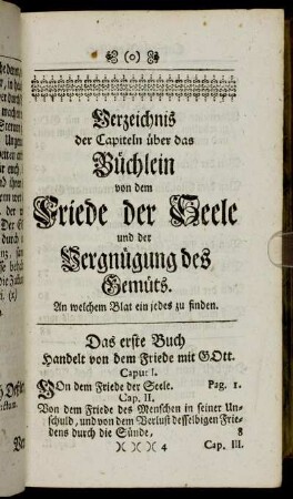 Verzeichnis der Capiteln über das Buchlein von dem Friede der Seele und der Vergnügung des Gemüts.