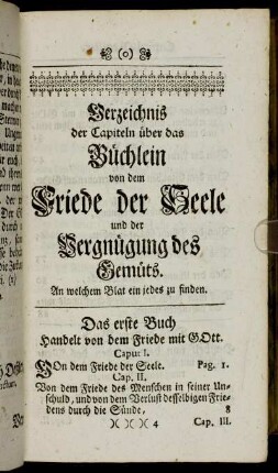 Verzeichnis der Capiteln über das Buchlein von dem Friede der Seele und der Vergnügung des Gemüts.