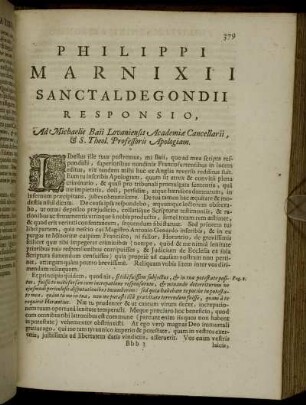 Philippi Marnixii Sanctaldegonii Responsio, Ad Michaelis Baii ...