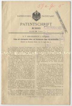 Patentschrift einer Pumpe mit schwingendem Kolben und feststehenden Saug- und Druckventilen, Patent-Nr. 58863