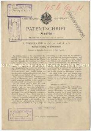 Patentschrift einer Ausrückvorrichtung für Drillmaschinen, Patent-Nr. 65769