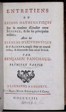 Partie 1: Entretiens ou Leçons Mathématiques. Première Partie