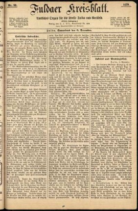 Erste Ausgabe vom Samstag, den 06. Dezember 1879.