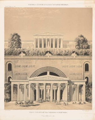 Fürstliche Residenz: Ansicht der Einfahrt des Schlosses mit dem Vorhof (aus: Atlas zur Zeitschrift für Bauwesen, hrsg. v. F. Endell, Jg. 26, 1876)