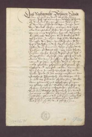 Verzeichnis der eigenen Personen, welche der Junker Jakob von Windeck dem Abt des Klosters Schwarzach am Rhein verkauft hat