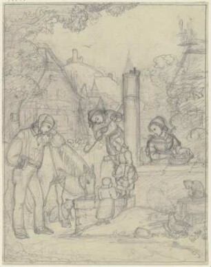 Knecht mit Pferd und Bauernkindern an einem Dorfbrunnen