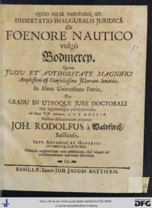 Dissertatio Inauguralis Juridica De Foenore Nautico vulgó Bodmerey