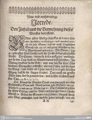 Neue und nothwendige Vorrede/Den Inhalt und die Vermehrung dieses Werckes betreffend.