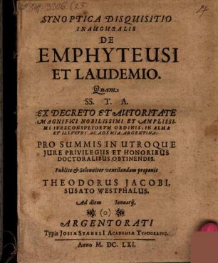 Synoptica disquisitio inauguralis de emphyteusi et laudemio